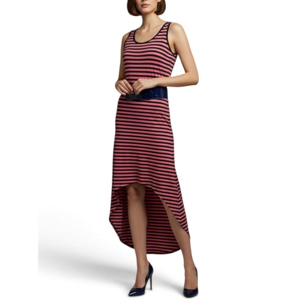 Connection 18 Striped High Low Tank Dress With Thick Belt Coral Blue Medium M
